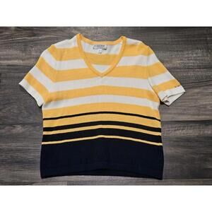 St. John Sport Yellow White Striped Knit Top V-neck Size P Nautical Classic